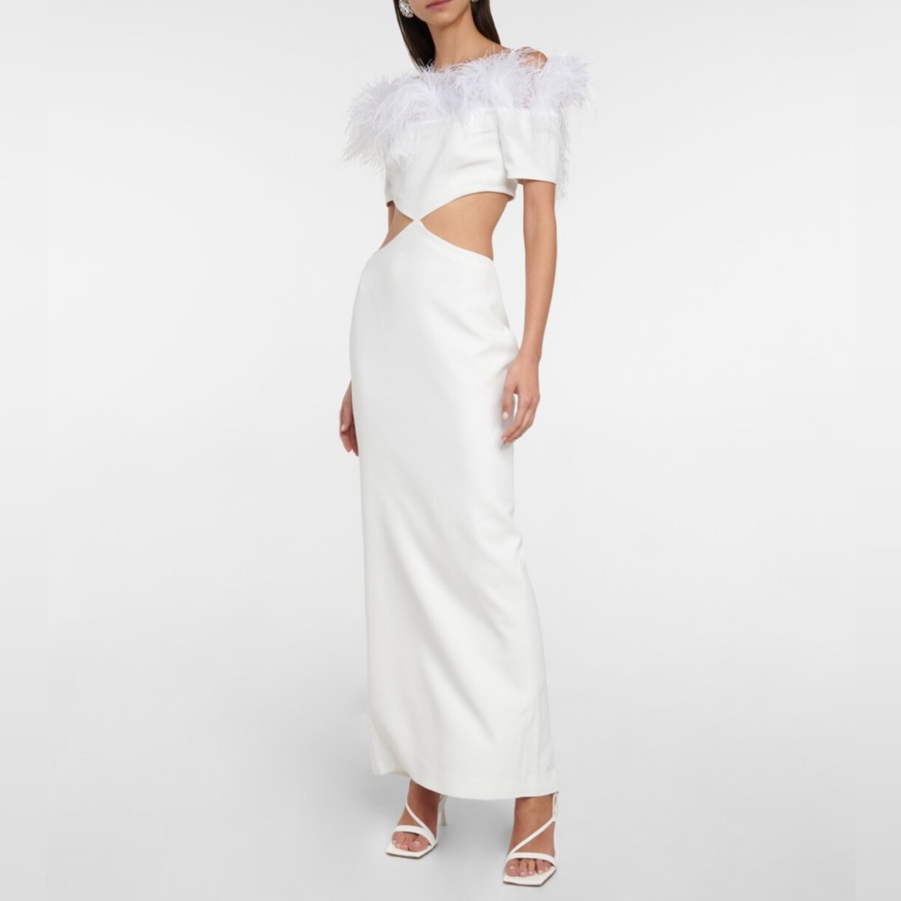 RASARIO Cold Shoulder Feather-trimmed cutout maxi dress gown
